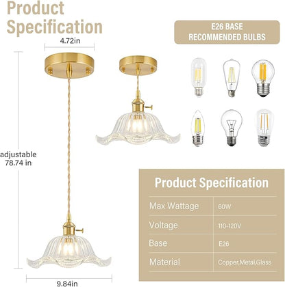 Vintage Pendant Lights Kitchen Island 2 Pack, Adjustable Pendant Light Fixtures with Transparent Lily Glass Lampshade, Gold Kitchen Pendant Lighting Over Island, Pendant Light for Dining Room Hallway