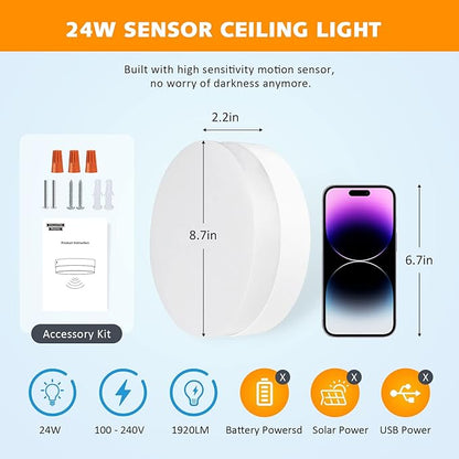 DLLT 24W Motion Sensor LED Ceiling Light, 8.7 Inch Wired Motion Activated Ceiling Light, 5000K Indoor Motion Flush Mount Light Fixture for Porch Walk-in Closet Hallway Pantry Stair, Non-Dimmable