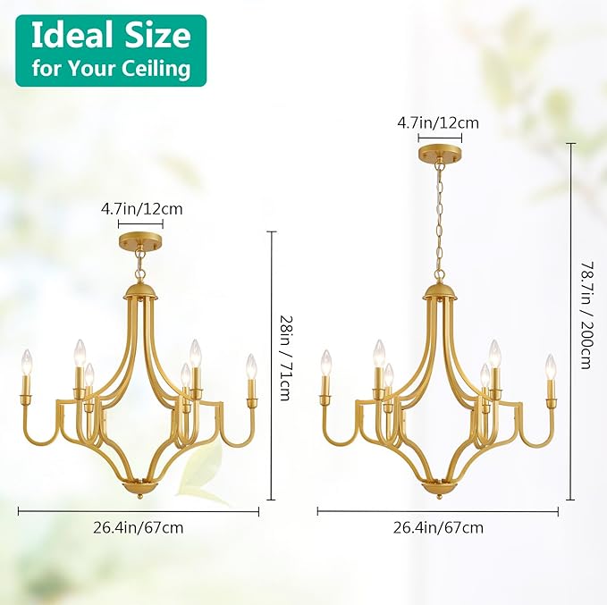 6-Light Maria Theresa Candle Chandelier Gold Ceiling Light Fixture for Dining Room, Living Room, Bedroom, Farmhouse Style, Vintage Antique Design, E12 Socket, D26.4*H28~78.7inch