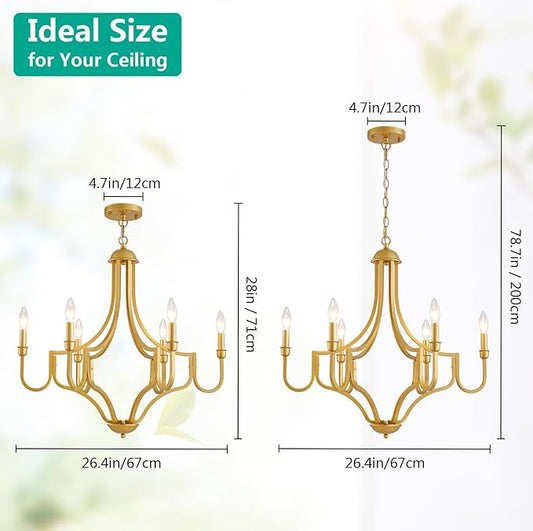 6-Light Maria Theresa Candle Chandelier Gold Ceiling Light Fixture for Dining Room, Living Room, Bedroom, Farmhouse Style, Vintage Antique Design, E12 Socket, D26.4*H28~78.7inch