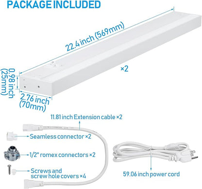 TORCHSTAR LED Under Cabinet Lighting 3CCT, 22 Inch 14W 960LM, Hardwired & Plug-in, 3 Color Selectable CRI90 120V ETL Listed Dimmable Under Counter Lights for Kitchen, White Aluminum Housing, 2 Pack