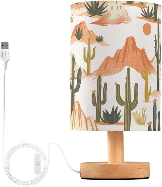 Bedside Table Lamp Western Desert Cactus Mountains Nightstand Lamp with Wood Desk Lamps for Bedroom Living Room Nursery Office Home Decor