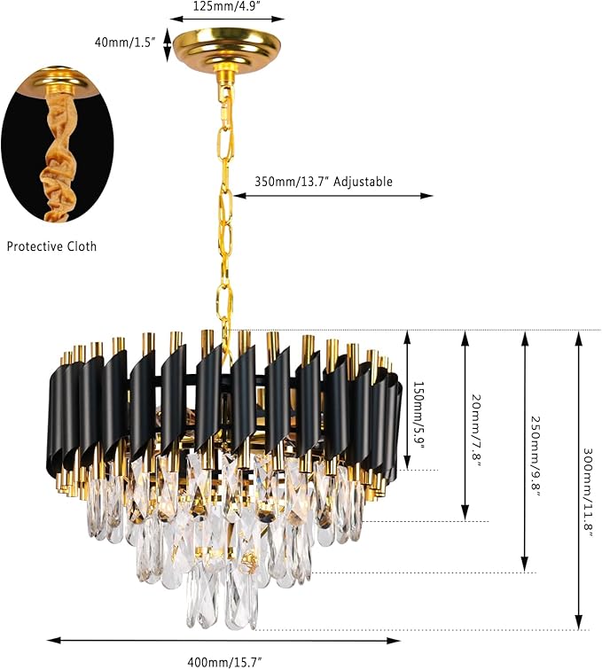 FRIXCHUR Modern Crystal Chandeliers 16" Black and Gold Chandelier Round Crystal Pendant Light 3-Tier Modern Chandeliers for Dining Room Living Room Bedroom Foyer