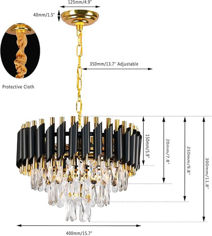 FRIXCHUR Modern Crystal Chandeliers 16" Black and Gold Chandelier Round Crystal Pendant Light 3-Tier Modern Chandeliers for Dining Room Living Room Bedroom Foyer