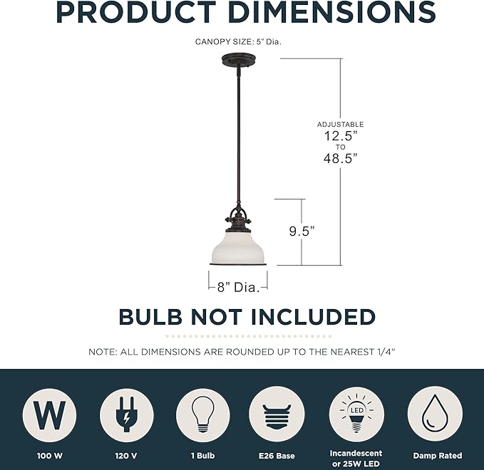 Quoizel Grant 8" Mini Pendant Light, Palladian Bronze with Opal Etched Glass, 13"–48" Adjustable Height for Kitchen Island or Bar
