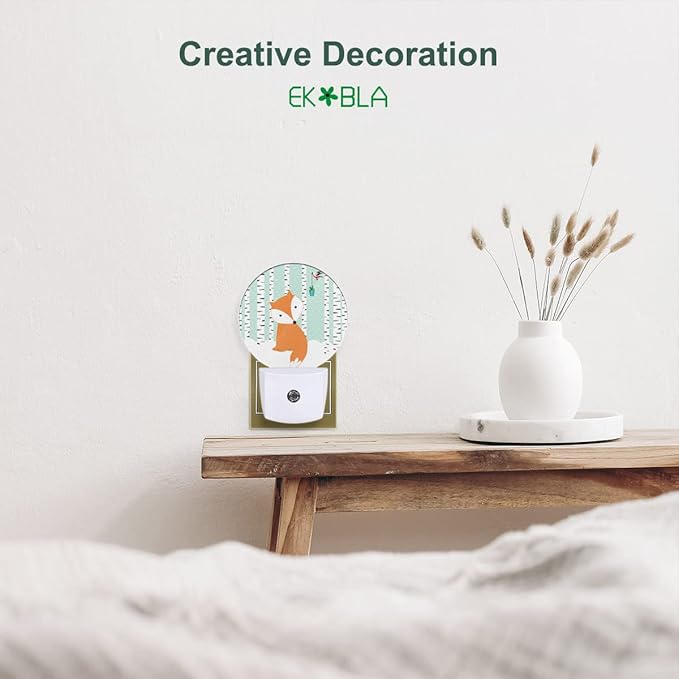 EKOBLA Winter Fox Plug-in Night Light, Fox & Bird in Snowy Birch Forest LED Nightlight with Auto On/Off for Kids Room, 0.5W