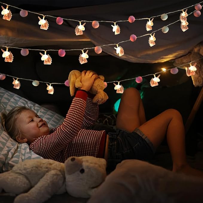 9.85FT Room Decor String Lights with 20 Cute PomPoms 20 Pink Unicorn LED Lights Battery Operated with Timer for Girls Bedroom Birthday Party Kids Playhouse Wedding Valentine's Day Christmas Decoration