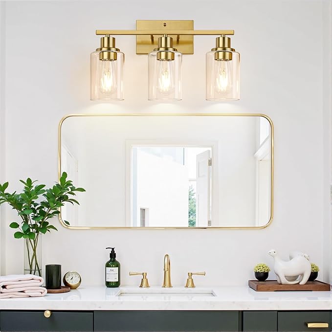 Indoi 3-Light Vanity Lights with Clear Glass Shades, Brushed Gold Bathroom Light Fixtures Over Mirror, Modern Bathroom Wall Lamp for Mirror Living Room Cabinet Bedroom Porch