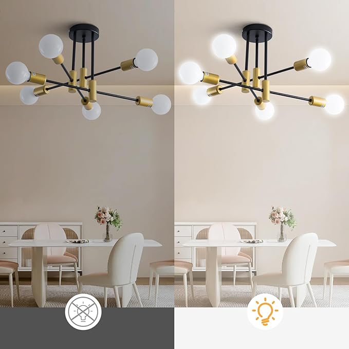 20.5 Inch Black and Gold Sputnik Ceiling Light Fixture 6-Light Black and Gold Sputnik Chandeliers, Mid Century Chandelier Modern Chandelier for Dining Room, Living Room, Bedroom, E26 Base