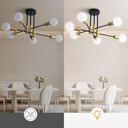 20.5 Inch Black and Gold Sputnik Ceiling Light Fixture 6-Light Black and Gold Sputnik Chandeliers, Mid Century Chandelier Modern Chandelier for Dining Room, Living Room, Bedroom, E26 Base
