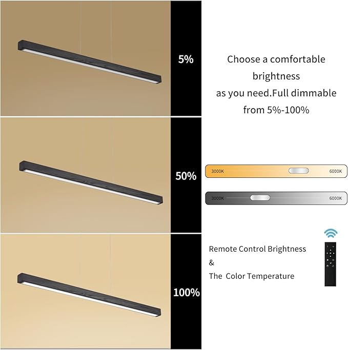 55 Inch LED Linear Pendant Light Black Wood LED Kitchen Island Lighting Dimmable Ceiling Hanging Chandeliers for Dining Room Living Room Bar Pool Table 36W Modern Farmhouse Fixture Black Wood Finish