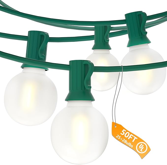 SUNSGNE G40 LED Round Christmas Lights Outdoor, 50FT Globe Christmas String Lights with 27 LED Frosted White Bulbs(2 Spare) for Patio Yard Outside Christmas Decorations