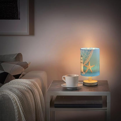 Table Lamp Nautical Sailboat Lighthouse Starfish Seashell Fishnet Blue Wood Nightstand Lamp with Wood Base Fabric Lamp Shade Bedside Desk Lamp for Living Room Bedroom Kids Room Office