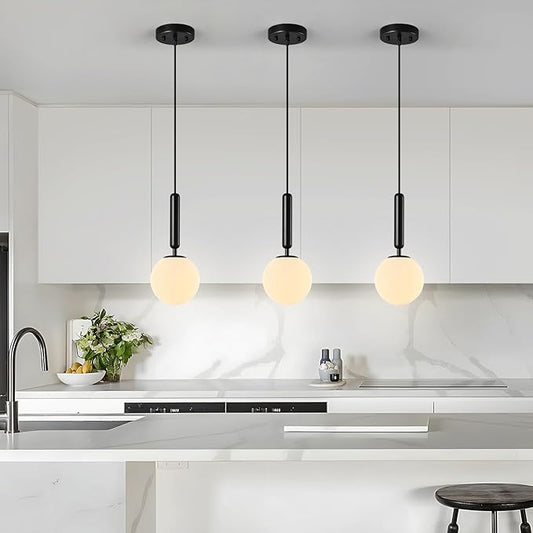 Modern Hanging Light Fixture Pendant Lighting for Kitchen Island Mid Century Black Pendant Lights with Globe Milky White Glass Pendant Light for Bedroom Bathroom Entryway (2 Pack)