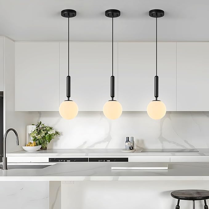Modern Hanging Light Fixture Pendant Lighting for Kitchen Island Mid Century Black Pendant Lights with Globe Milky White Glass Pendant Light for Bedroom Bathroom Entryway (1 Pack)