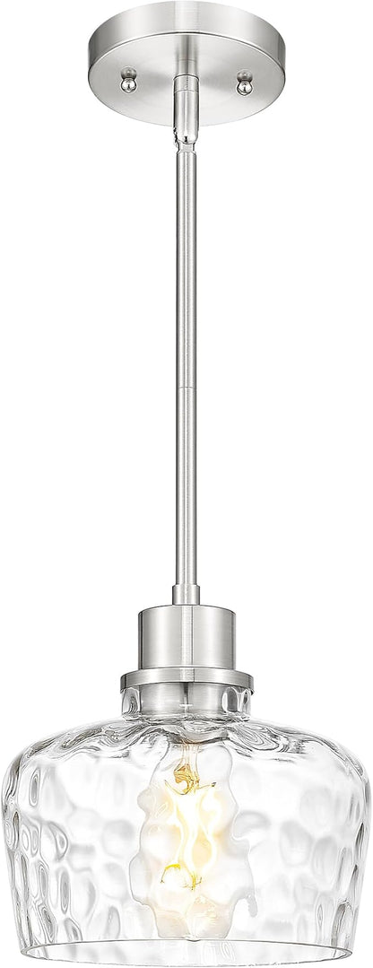 Emak Brushed Nickel Pendant Light Fixtures, 8 Inch Hammered Glass Pendant Lights Kitchen Island, Modern Hanging Light Fixture for Kitchen,Dining Room, Bathroom, PL122-BN-HG