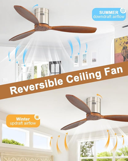 Sofucor 52 Inch Smart Ceiling Fan Without Light Flush Mount Solid Wood Ceiling Fan with Alexa/Google/APP/Remote Control-Modern Outdoor Ceiling Fans No Light for Bedroom/Patio/Indoor, Silver & Brown