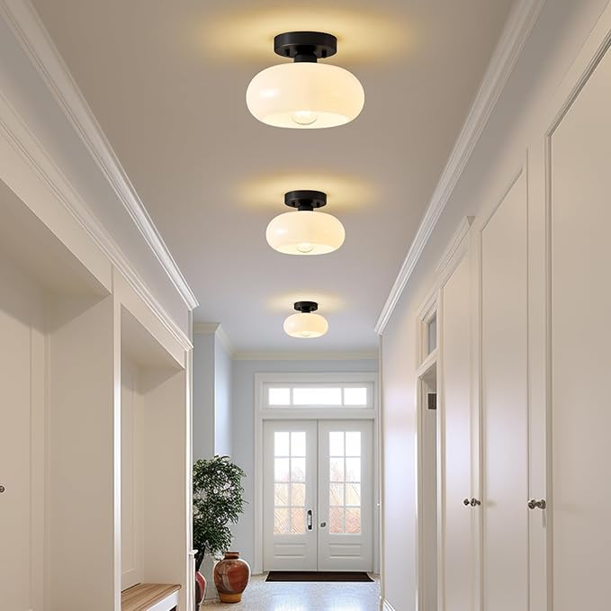WOKNOS Mid-Century Modern Semi Flush Mount Ceiling Light, Metal Kitchen Light Fixture with Glass Shade, Mini White and Black Colse to Ceiling Lamp for Entryway Hallway Bathroom (8.66 Inch)