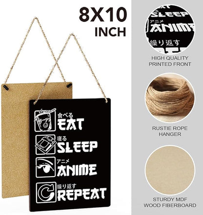 Anime Decor,Eat Sleep Anime Repeat Sign,Rustic Anime Lovers Wooden Hanging Plaque Anime Merch Gifts for Home Living Room Girl Bedroom Wall Art Decoration