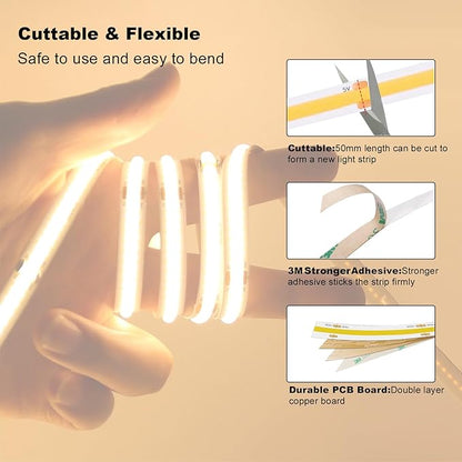 USB Light Strip Warm White 3000K CRI 92+ Small Dimmable COB LED Strip Light Cuttable 5V USB Powered 6 ft 10W for TV Backlight Cabinet Bedroom Indoor DIY Lighting Project