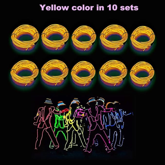MaxLax EL Wire Yellow 10-Pack, 16.4ft/5m Neon Light Wire with Noise Reduction and Battery Pack…