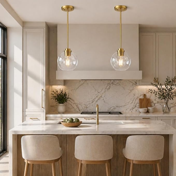 Gold Pendant Light, 7 Inch Clear Glass Farmhouse Hanging Fixture, Adjustable Height & Sloped Ceiling Compatible for Kitchen Island Dining Room Entryway Bedroom Hallway, 3 Pack