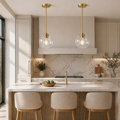Gold Pendant Light, 7 Inch Clear Glass Farmhouse Hanging Fixture, Adjustable Height & Sloped Ceiling Compatible for Kitchen Island Dining Room Entryway Bedroom Hallway, 3 Pack