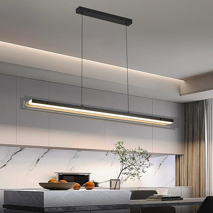 Glass Modern Black Linear Pendant Light - LED Hanging Kitchen Island Lights, Adjustable Dimmable Ceiling Fixtures, Minimalist Chandelier for Dining Room, Bar (74.8")