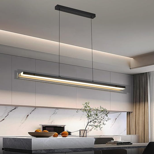 Glass Modern Black Linear Pendant Light - LED Hanging Kitchen Island Lights, Adjustable Dimmable Ceiling Fixtures, Minimalist Chandelier for Dining Room, Bar (74.8")
