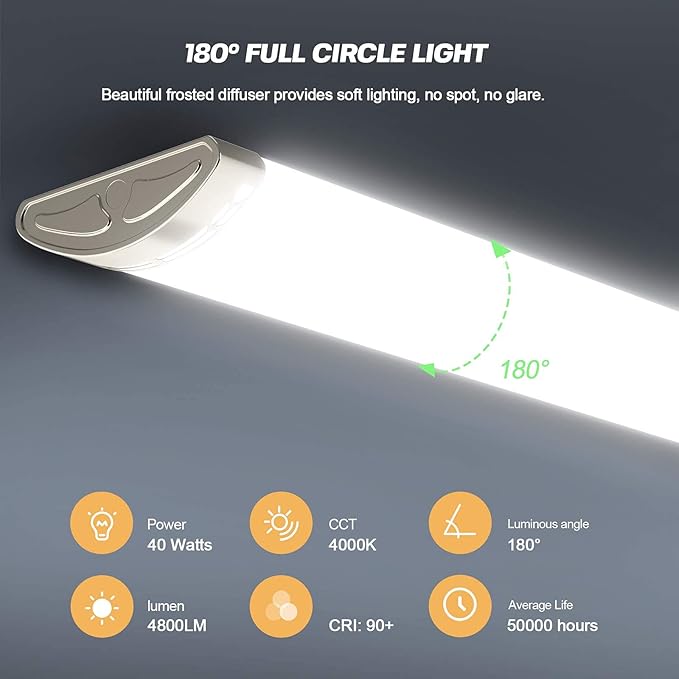 4FT LED Kitchen Puff Ceiling Lights Dimmable, 40W, 4800LM, 4000K,48 Inch LED Linear Fixture 4 Foot Flush Mount Wraparound Shop Light for Office, Garage, Fluorescent Replacement, 4 Pack
