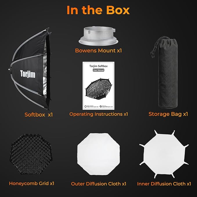 Torjim 35.4"/90cm Octagonal Softbox with Quick Release Bowens Mount, Portable & Collapsible with Removable Diffusers & Grid, Perfect for Portrait Photography, Video Production, and Studio Lighting