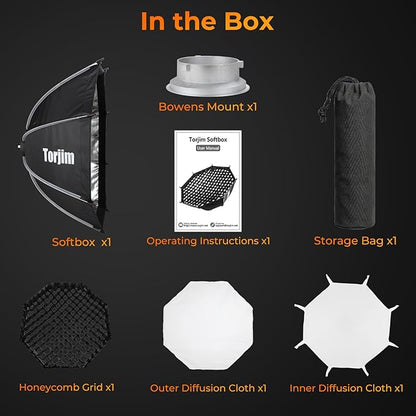 Torjim 35.4"/90cm Octagonal Softbox with Quick Release Bowens Mount, Portable & Collapsible with Removable Diffusers & Grid, Perfect for Portrait Photography, Video Production, and Studio Lighting