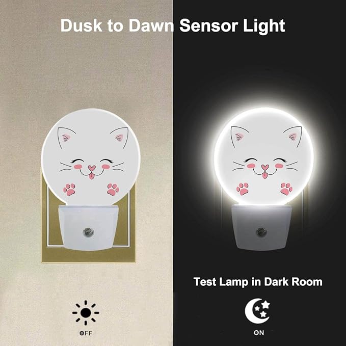 EKOBLA Happy Cat Plug-in Night Light, Cute Kitten with Pink Paw LED Nightlight with Sensor for Bathroom Decor