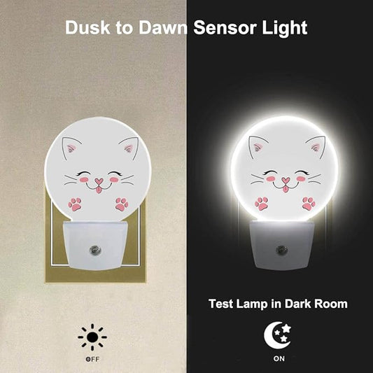 EKOBLA Happy Cat Plug-in Night Light, Cute Kitten with Pink Paw LED Nightlight with Sensor for Bathroom Decor