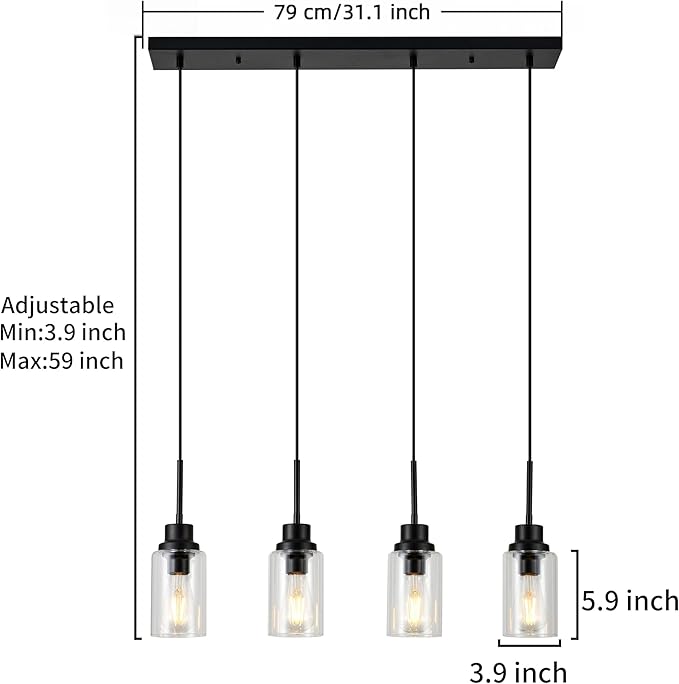 4-Lights Pendant Lighting for Kitchen Island in Black, Ceiling Light Fixtures with Adjustable Hanging Wire & Clear Glass Shades