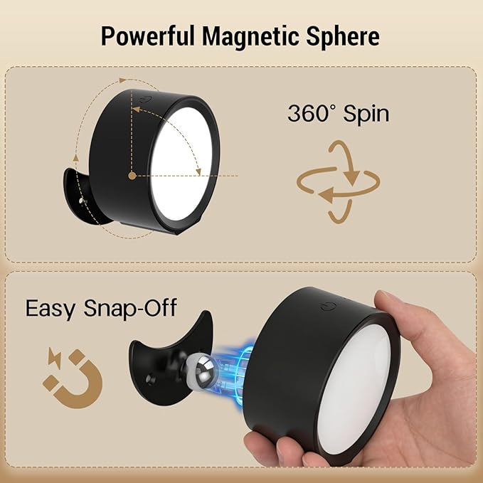 Battery Operated Wall Sconce, Remote Control, Wireless Rechargeable Mounted, 3 Color & 4 Brightness Level & 360°Rotate, Adhesive Lights for Wall Closet Hallway Reading (Black,Set of 2)