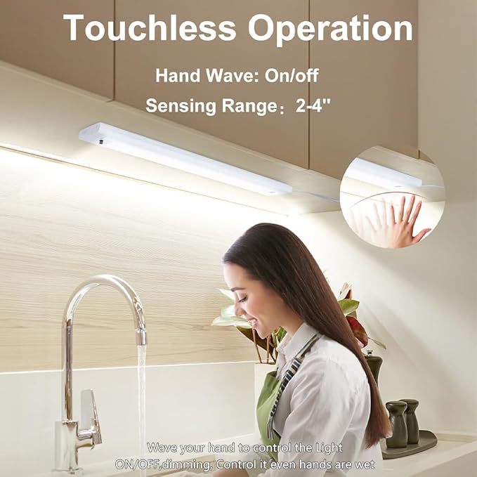 12 Inch Under Cabinet Lighting High Brightness Linkable LED Light Bar, Hand Wave Activated Motion Lights for Kitchen,Home,Room 5 CCT (2700K-6000K) Stepless Dimmable Closet Light, 350LM 5W