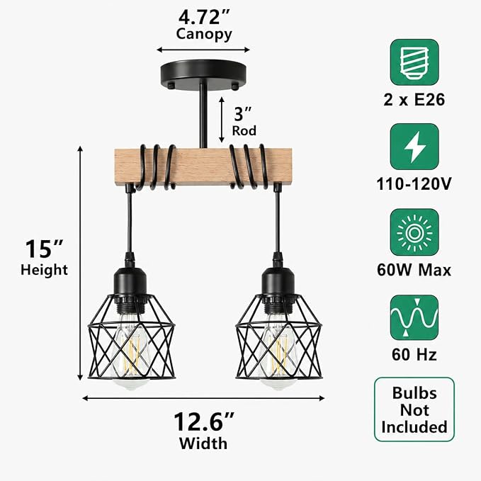 2 Light Farmhouse Ceiling Light,Pendant Light Kitchen Island,Dining Room Chandelier Light Fixture Over Table,Rustic Hanging Light for Kithen,Dining Room,Real Wood,Black Metal Cage