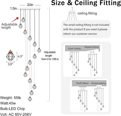 H138in Foyer Chandelier Staircase Chandeliers for High Ceiling Gold Pendant Light Fixture 14-Lights Crystal Chandelier Lighting Fixture for Living Room Staircase Villa