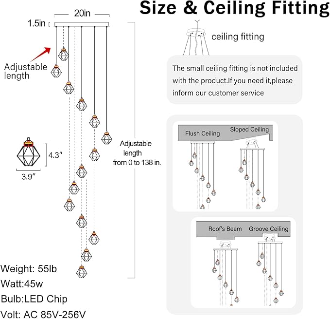 H138in Foyer Chandelier Staircase Chandeliers for High Ceiling Black Pendant Light Fixture 14-Lights Crystal Chandelier Lighting Fixture for Living Room Staircase Villa