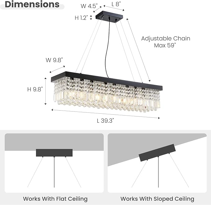 7PM Rectangle K9 Crystal Chandelier Modern Rectangular Pendant Lighting Fixture for Dining Room Kitchen Island Bedroom Black L40 x W10 x H10
