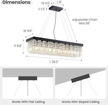 7PM Rectangle K9 Crystal Chandelier Modern Rectangular Pendant Lighting Fixture for Dining Room Kitchen Island Bedroom Black L40 x W10 x H10
