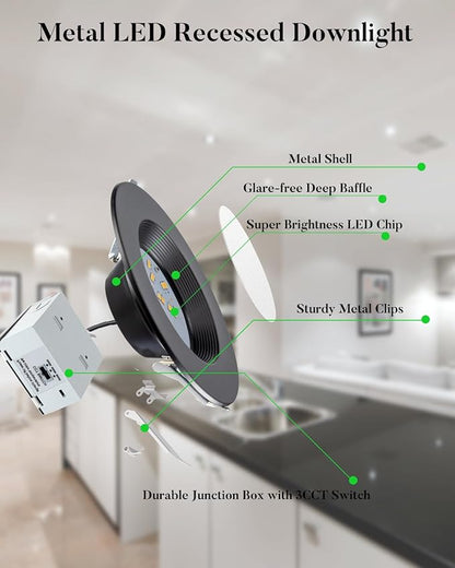 Lightdot 6 Inch Recessed Lighting 12 Pack Black, 12W Dimmable LED Downlight 3CCT Selectable (3000K/4000K/5000K), Anti-Glare Slim Canless Ceiling Light