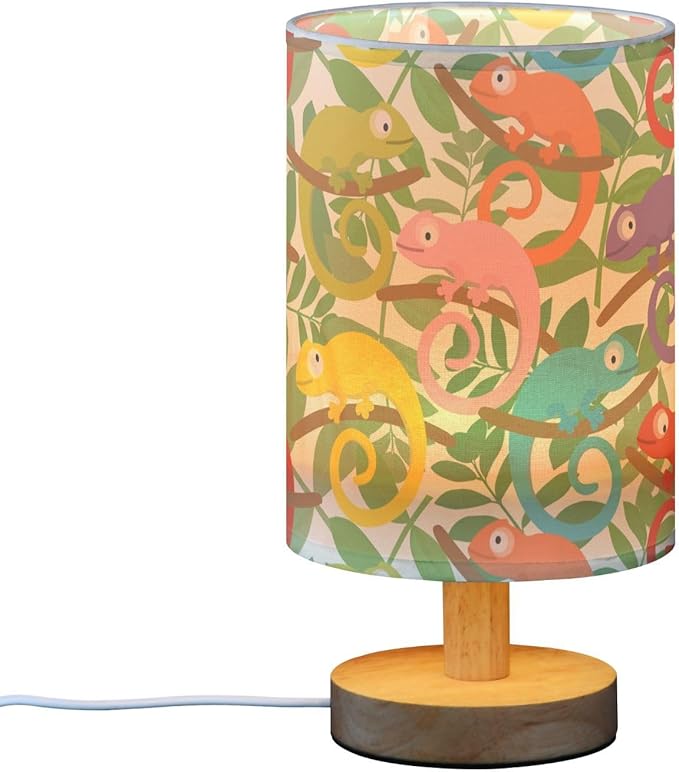 Colorful Chameleon Cartoon Lizard Animal in Green Tropical Leaf Table Lamp with Wood Base Fabric Lamp Shade Bedside Nightstand Desk Lamp for Living Room Bedroom Kids Room Office