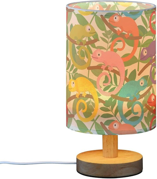 Colorful Chameleon Cartoon Lizard Animal in Green Tropical Leaf Table Lamp with Wood Base Fabric Lamp Shade Bedside Nightstand Desk Lamp for Living Room Bedroom Kids Room Office