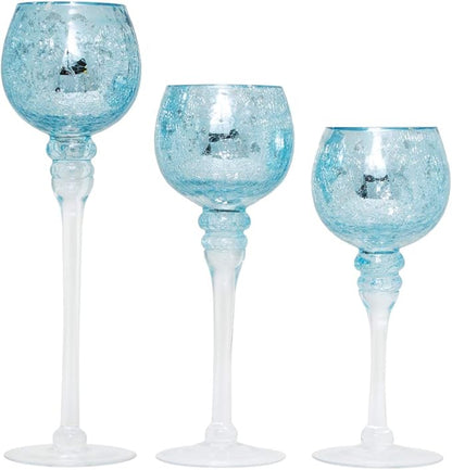 Hosley Elevate Ambiance with Set of 3 Crackle Blue Glass Tealight Holders 12 Inch, 10 Inch, 9 Inch Stylish Home Decor for Unique Candle Displays
