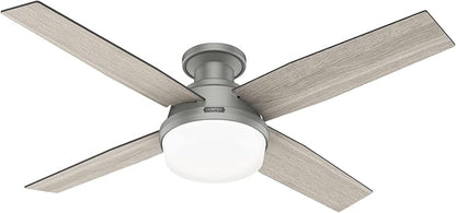 Hunter 52 inch Indoor Ceiling Fan with LED Light and Remote Control - Modern Ceiling Fan, Low Profile Mount, 4 Blades, For Bedroom, Living Room, or Kitchen, Quiet - Dempsey 51736, Matte Silver