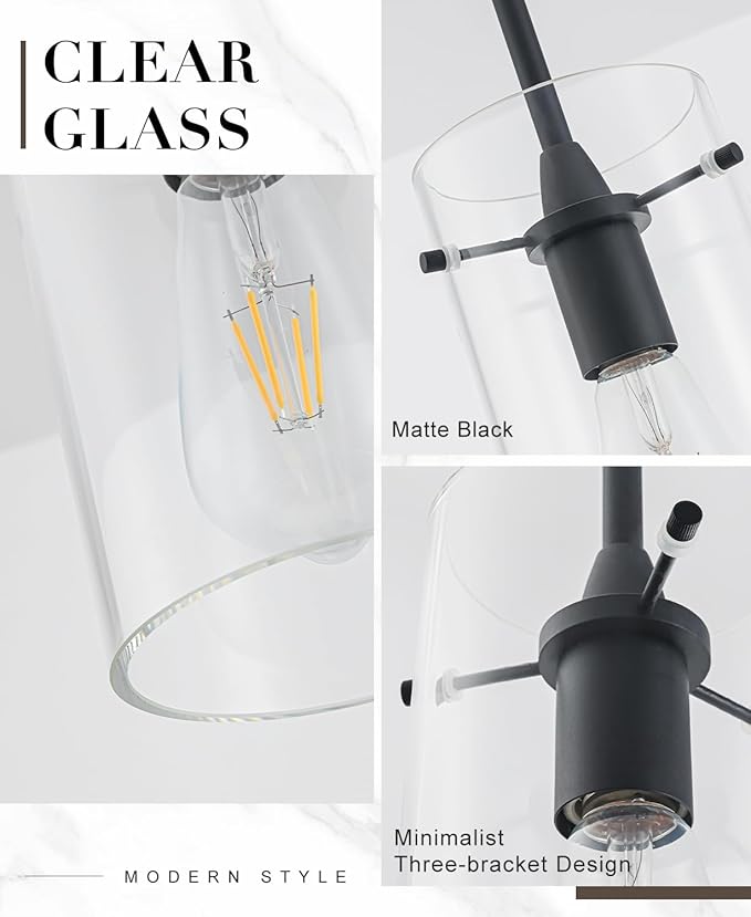 3 Pack Pendant Lights Kitchen Island, Adjustable Hanging Glass Pendant Light Fixtures, Matte Black Pendant Lights Kitchen Island, Modern Kitchen Pendant Lighting Over Island