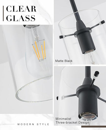 3 Pack Pendant Lights Kitchen Island, Adjustable Hanging Glass Pendant Light Fixtures, Matte Black Pendant Lights Kitchen Island, Modern Kitchen Pendant Lighting Over Island
