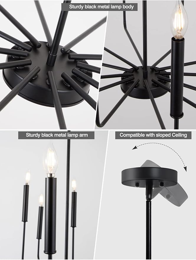 Yiisem Modern Farmhouse Black Chandelier, 12-Light Rustic Candle Chandelier, Industrial Hanging Chandeliers for Dining Room, Living Room, Kitchen, Foyer, Entryway